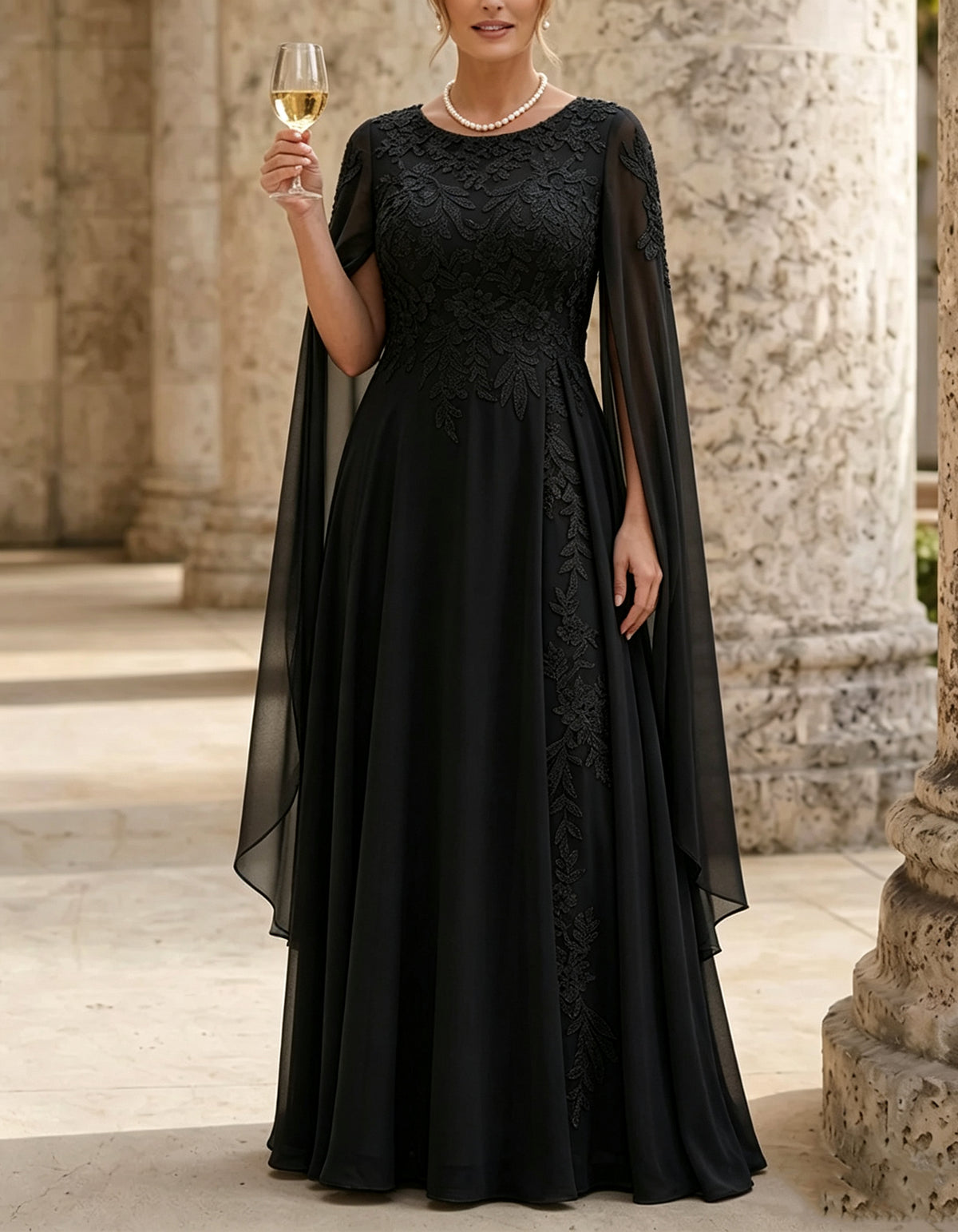 Sage Green Round-Neck Lace Applique Chiffon Maxi Dress
