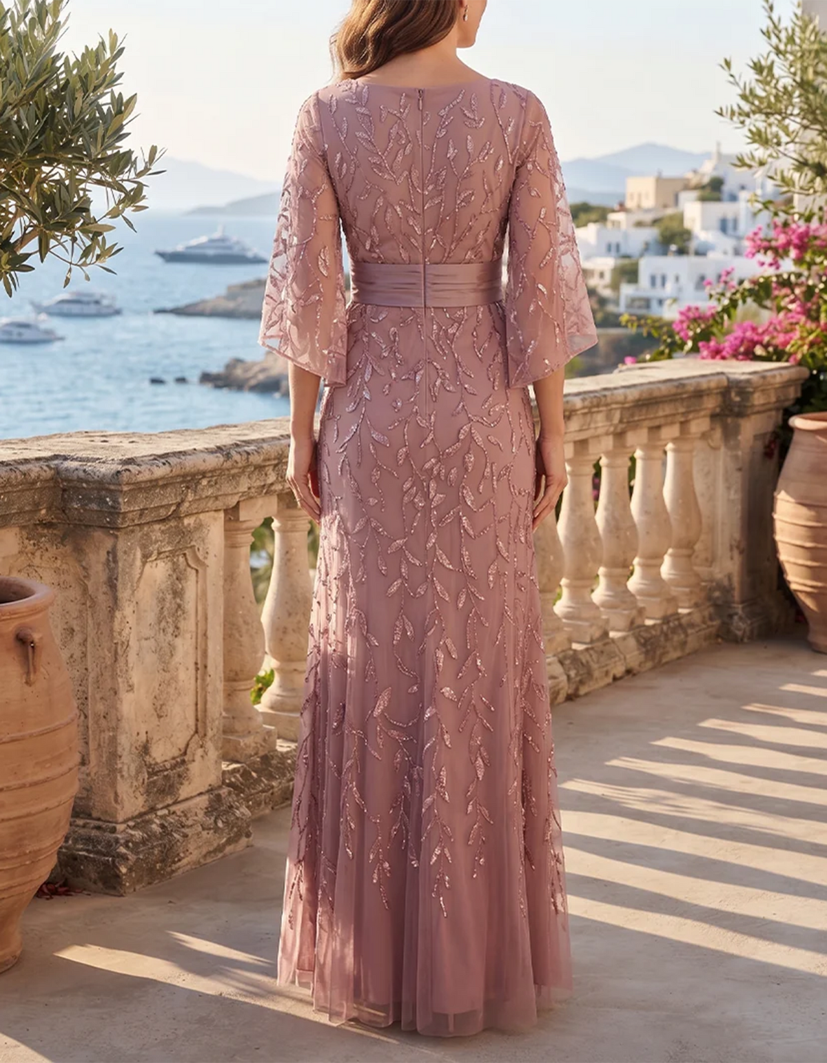 Pink Round-Neck Three-Quarter Bell-Sleeve Tulle Maxi Dress