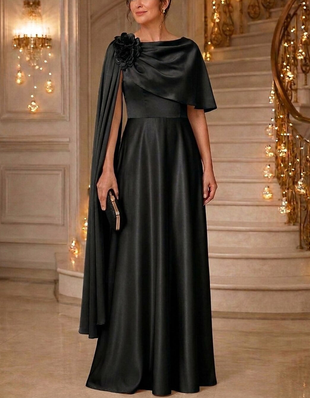 Satin Draped Cowl Neck Asymmetric Cape Sleeve 3D Flower Maxi Dress