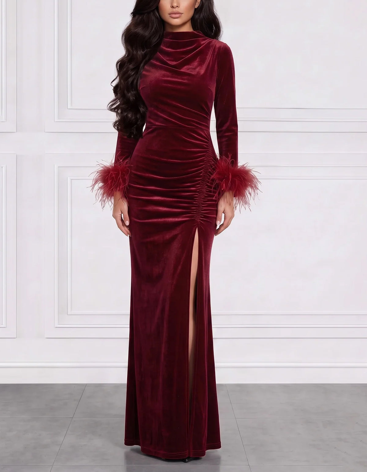 Burgundy Velvet Crew Neck With Feather Cuffs Maxi Dress