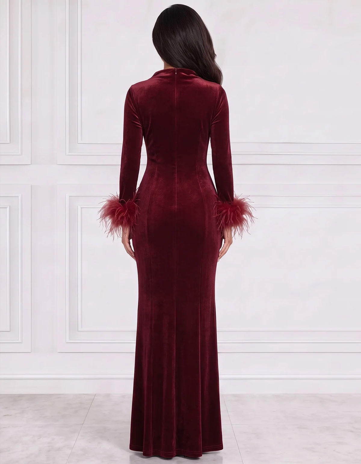 Burgundy Velvet Crew Neck With Feather Cuffs Maxi Dress