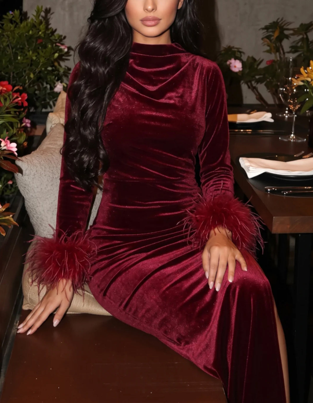 Burgundy Velvet Crew Neck With Feather Cuffs Maxi Dress