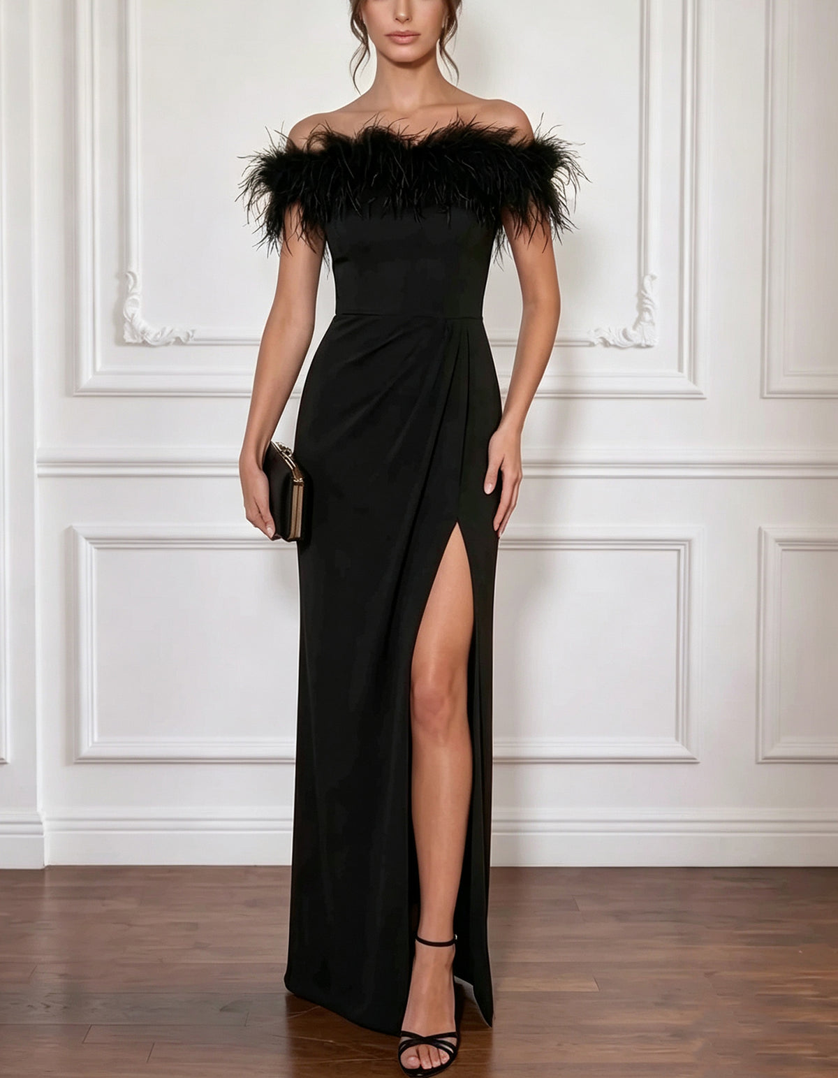 Black Off The Shoulder Style With Feather Trim Maxi Dress