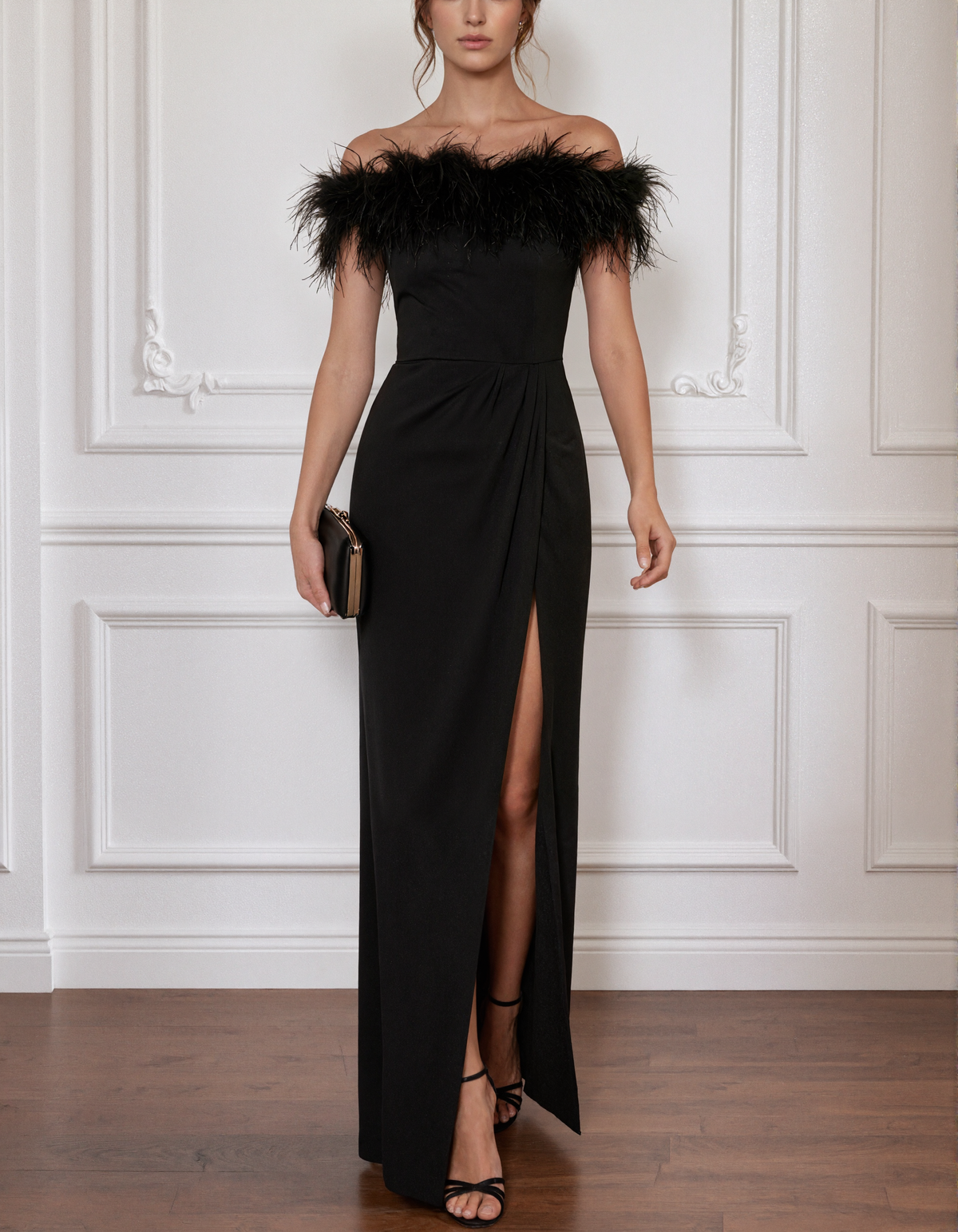Black Off The Shoulder Style With Feather Trim Maxi Dress