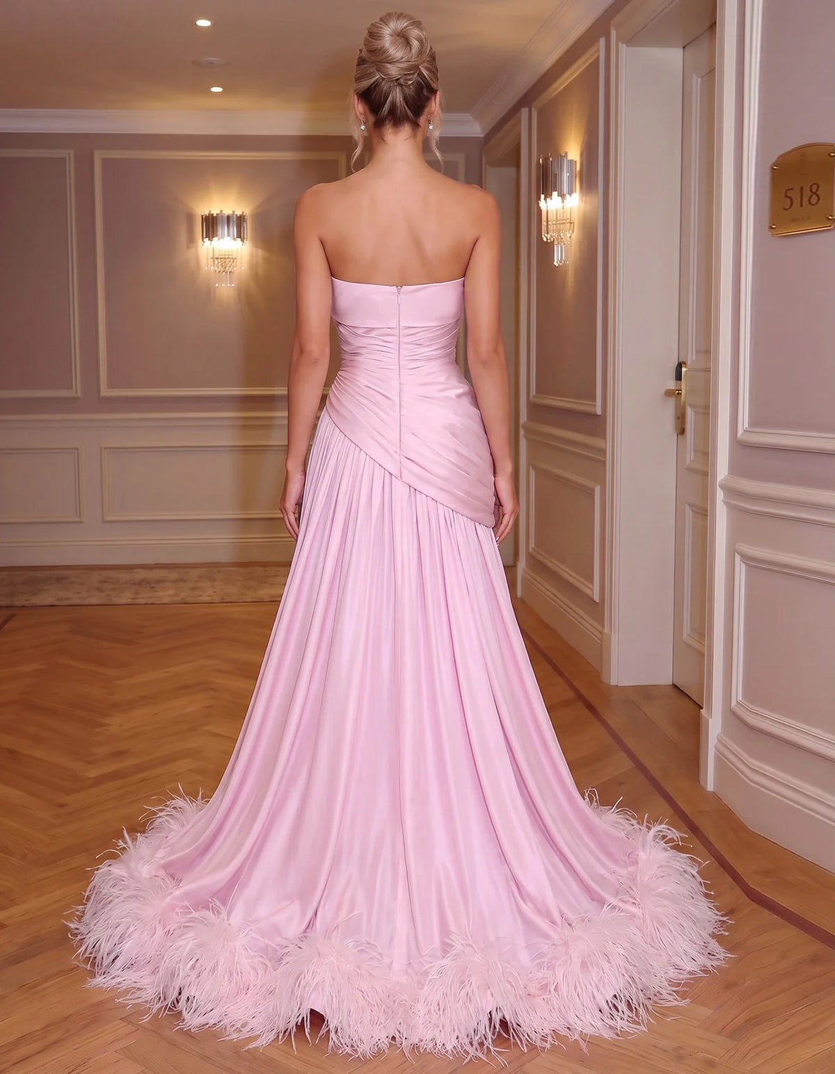 Pink Satin Strapless With Feather Trim Maxi Dress