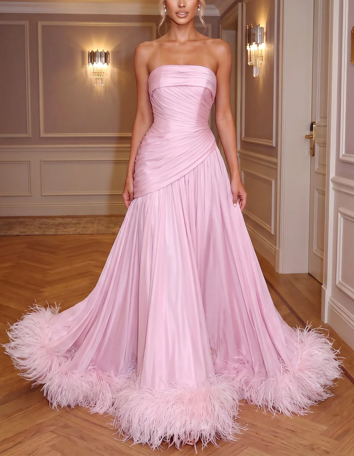 Pink Satin Strapless With Feather Trim Maxi Dress