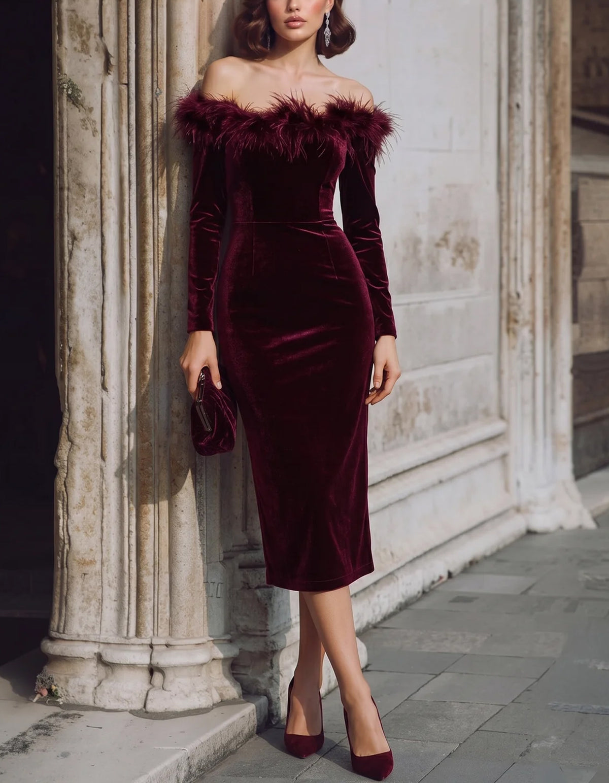 Burgundy Off The Shoulder Velvet With Feather Trim Midi Dress