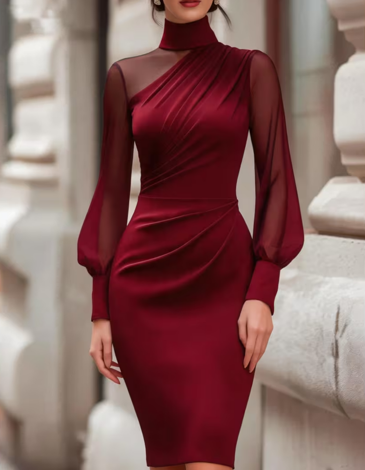 High Mock Neck Sheer Mesh Sleeve Ruched Midi Dress