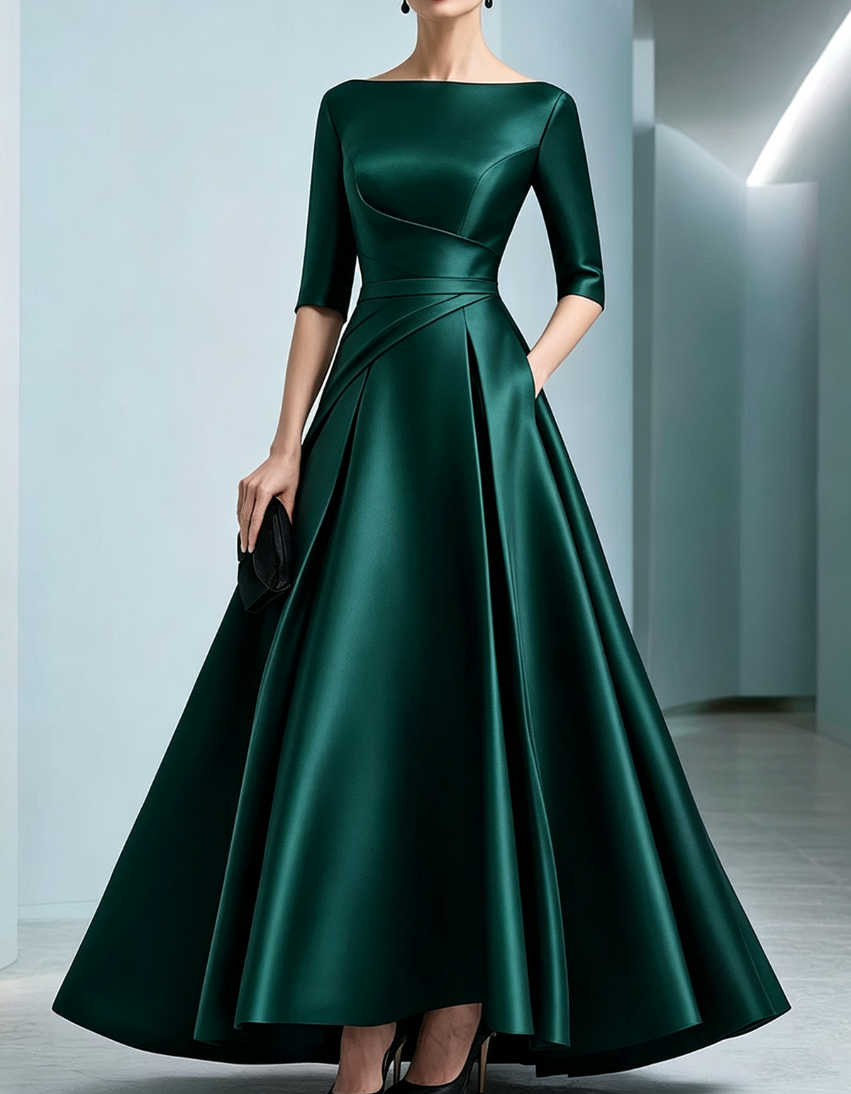 Boat Neck Elbow Sleeve Diagonal Draped Heavy Satin A-Line Maxi Dress