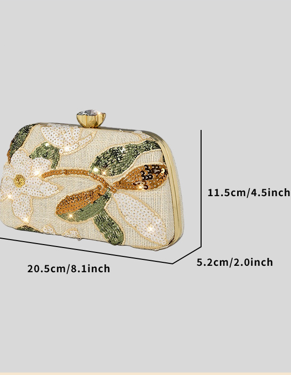Champagne Floral Sequin Embroidered Evening Clutch Bag for Women Formal Party Dress