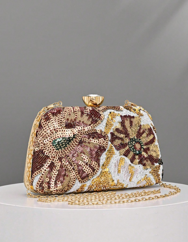 Champagne Floral Sequin Embroidered Evening Clutch Bag for Women Formal Party Dress