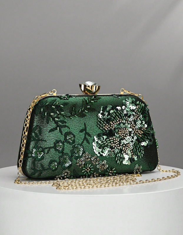 Champagne Floral Sequin Embroidered Evening Clutch Bag for Women Formal Party Dress