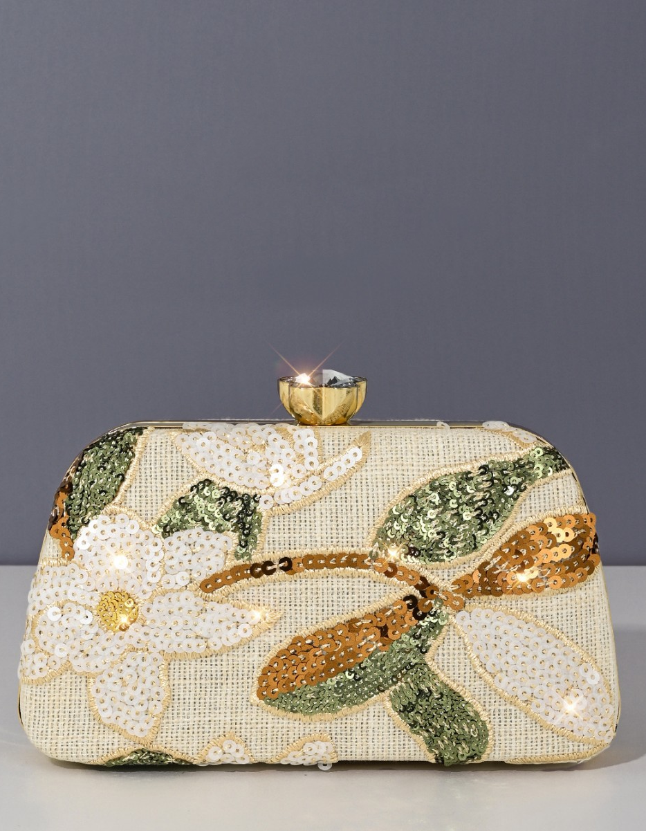 Champagne Floral Sequin Embroidered Evening Clutch Bag for Women Formal Party Dress