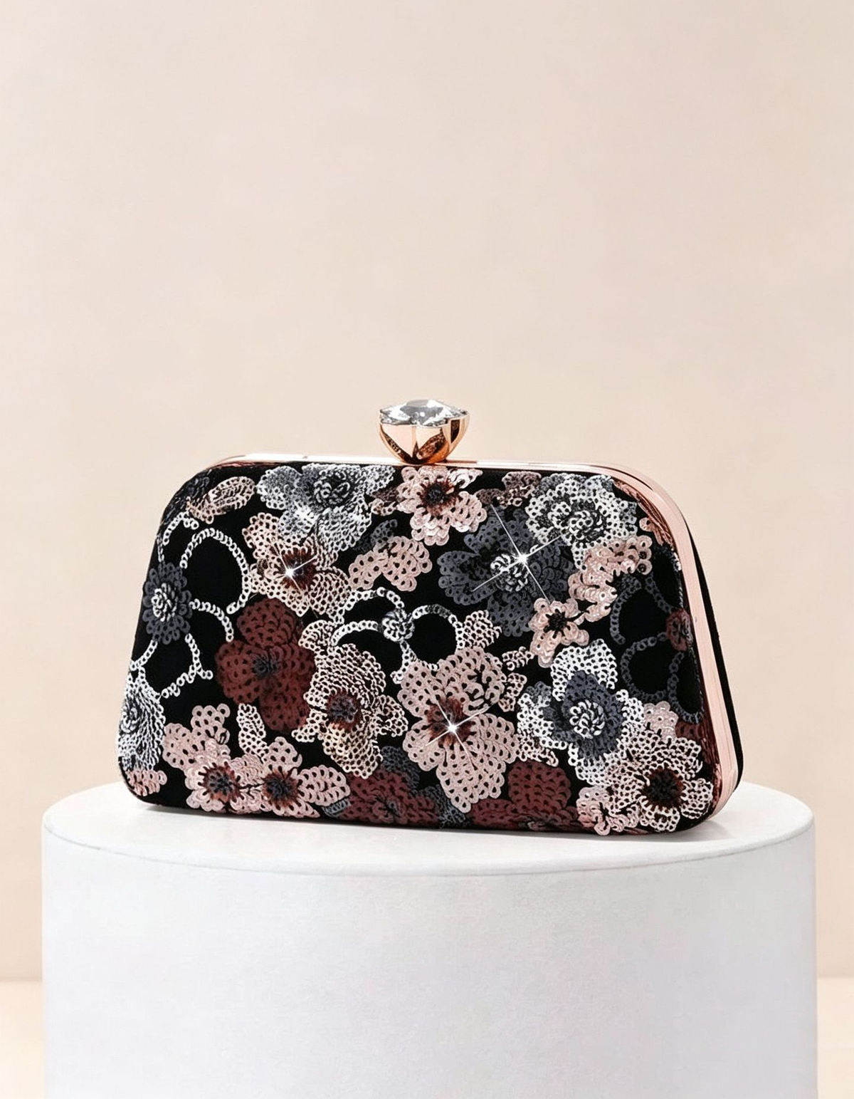 Champagne Floral Sequin Embroidered Evening Clutch Bag for Women Formal Party Dress