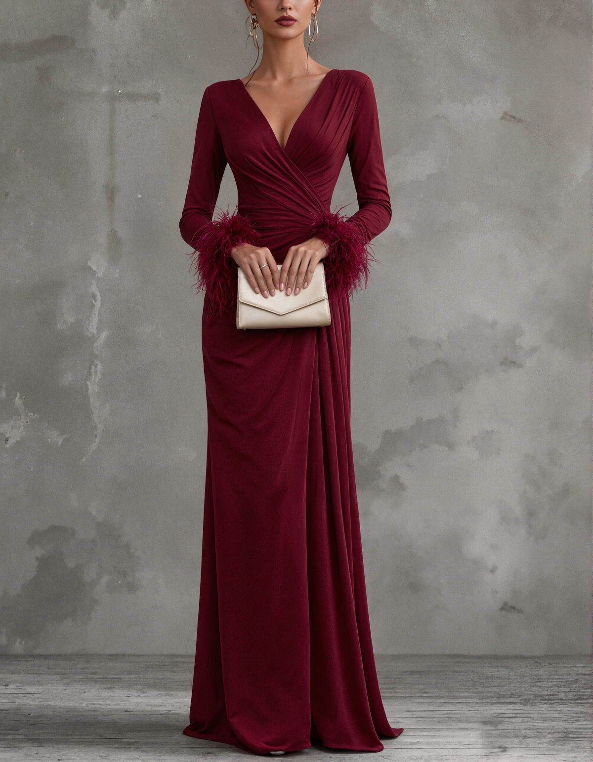 Burgundy V-Neck With Feather Cuffs Maxi Dress