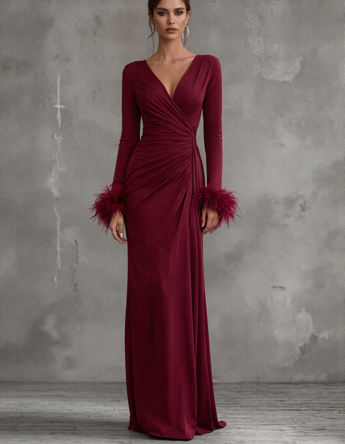 Burgundy V-Neck With Feather Cuffs Maxi Dress
