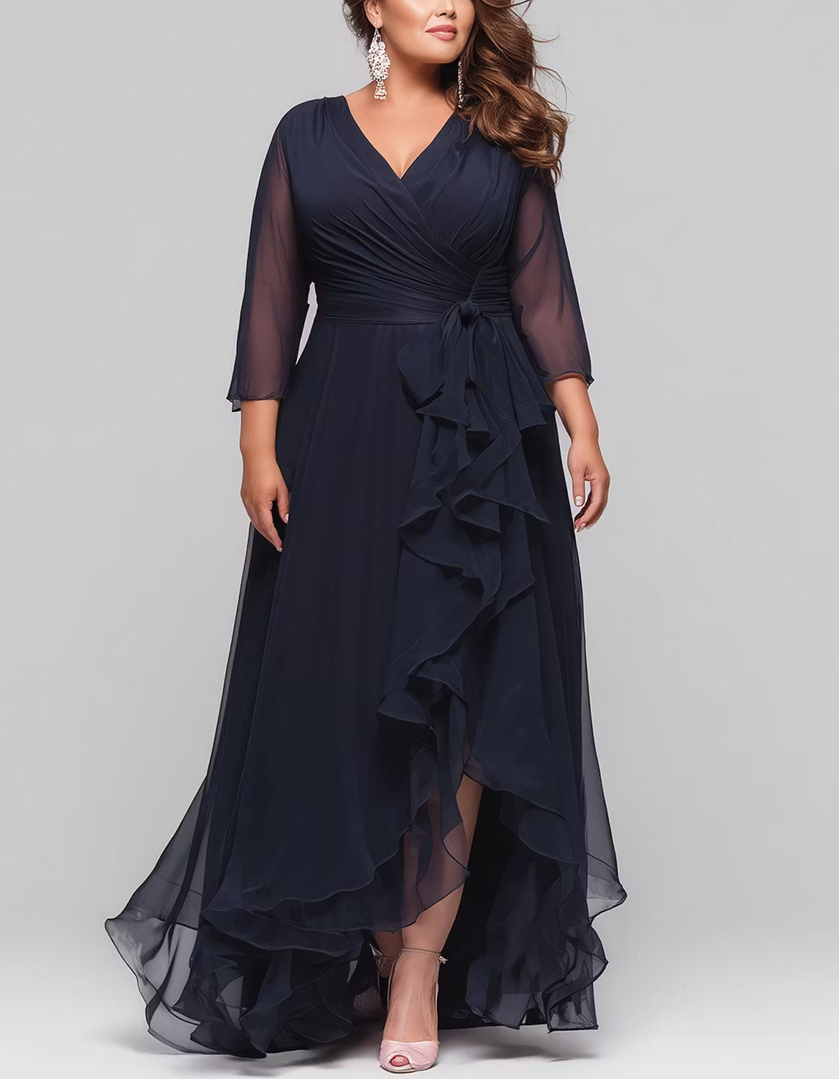 Dark Blue Chiffon V-Neck Maxi Dress