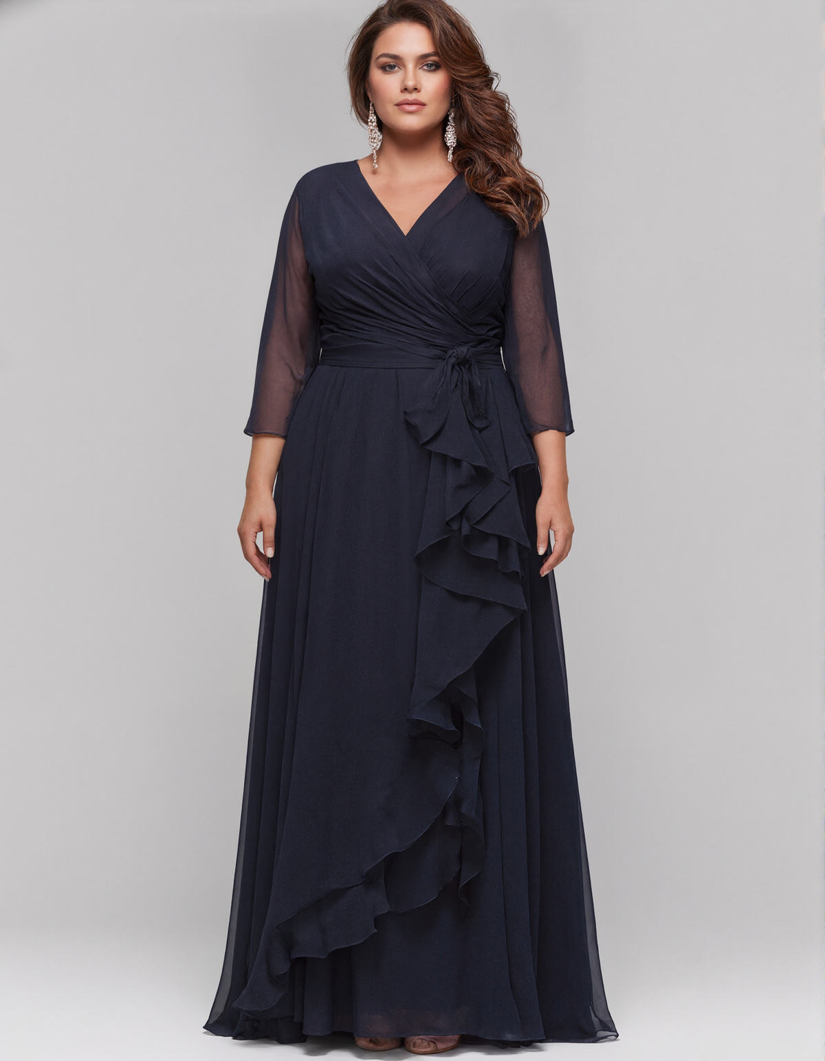 Dark Blue Chiffon V-Neck Maxi Dress
