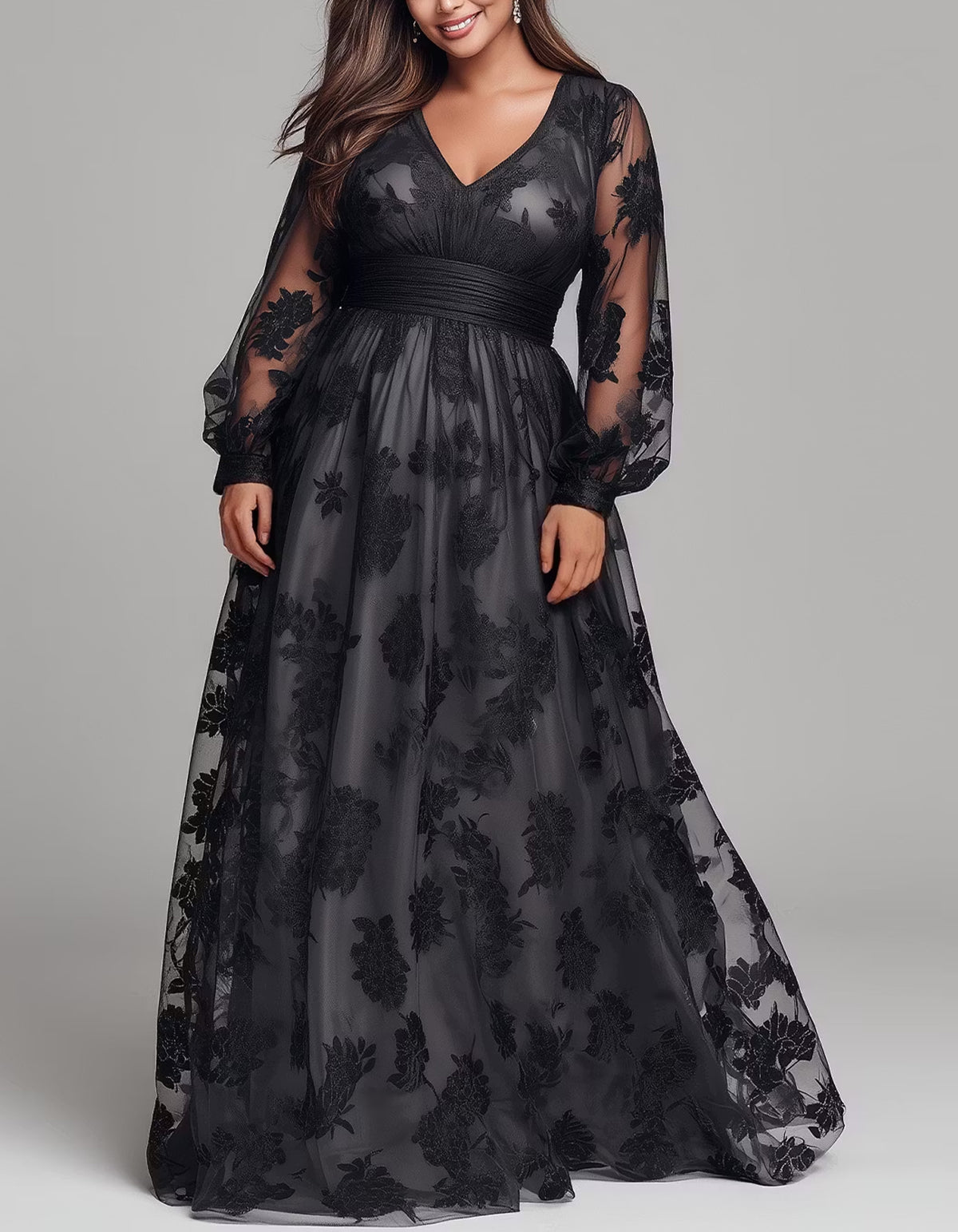 Black Floral Lace V-Neck Maxi Dress
