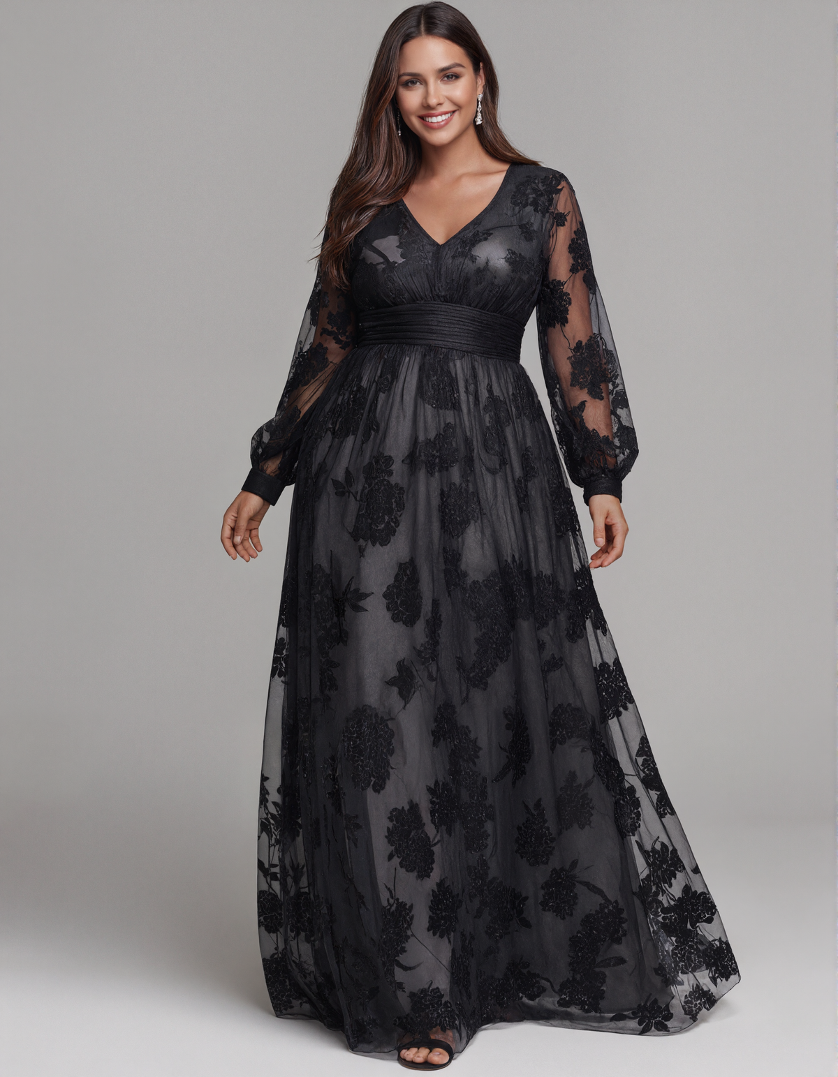 Black Floral Lace V-Neck Maxi Dress