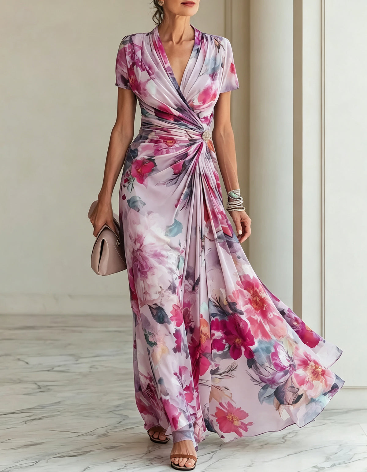 Lavender Floral Print Chiffon A-Line Maxi Dress