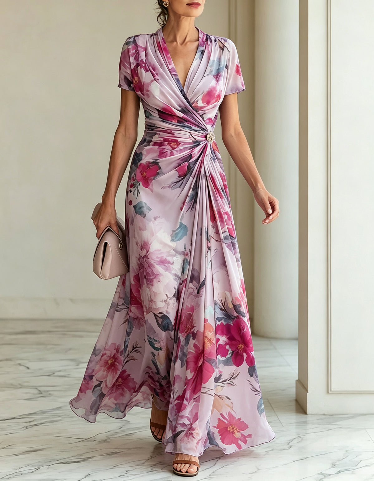 Lavender Floral Print Chiffon A-Line Maxi Dress