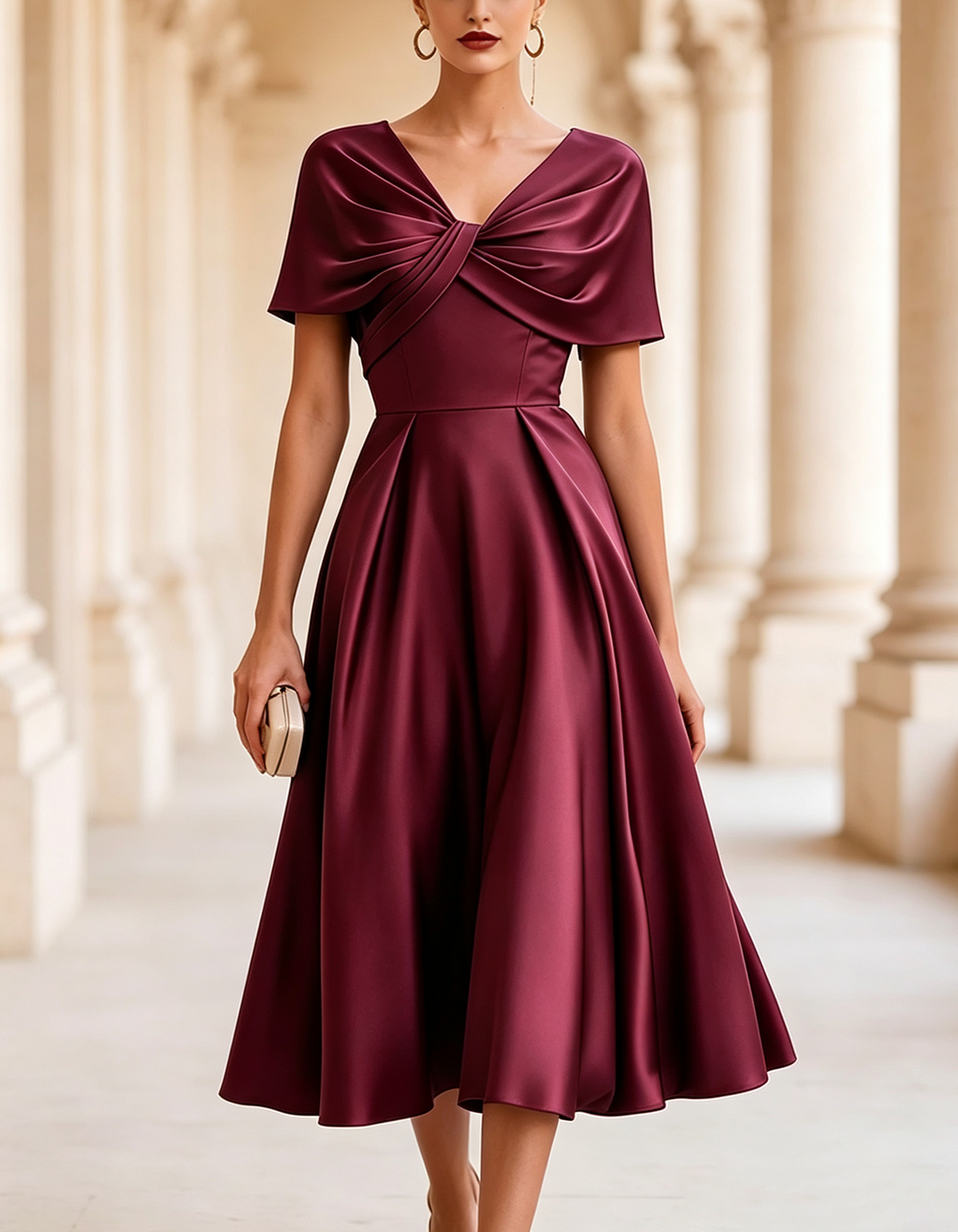Twisted Draped V-Neck Satin Midi Dress