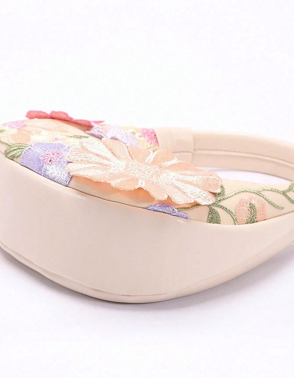 Women's Apricot Lace Embroidery 3D Floral Crescent Handbag for Evening Dress