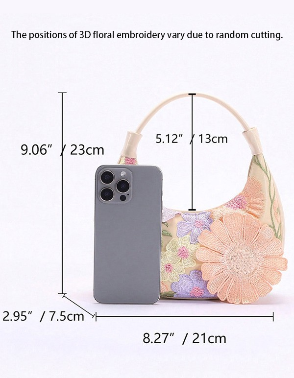 Women's Apricot Lace Embroidery 3D Floral Crescent Handbag for Evening Dress