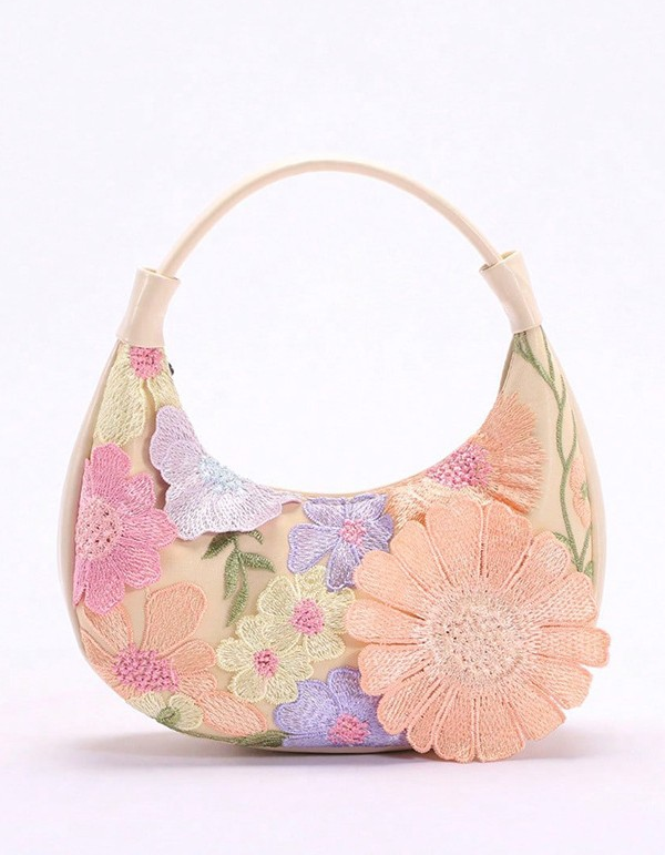 Women's Apricot Lace Embroidery 3D Floral Crescent Handbag for Evening Dress