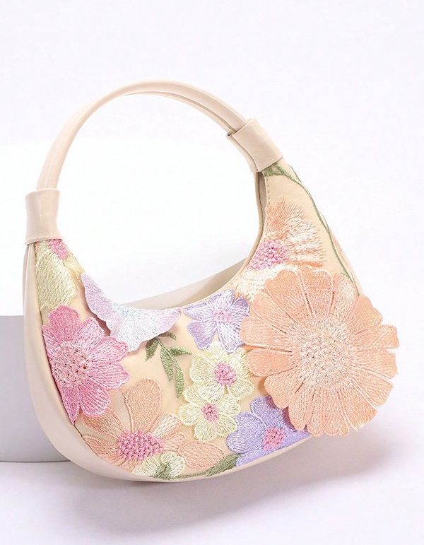 Women's Apricot Lace Embroidery 3D Floral Crescent Handbag for Evening Dress