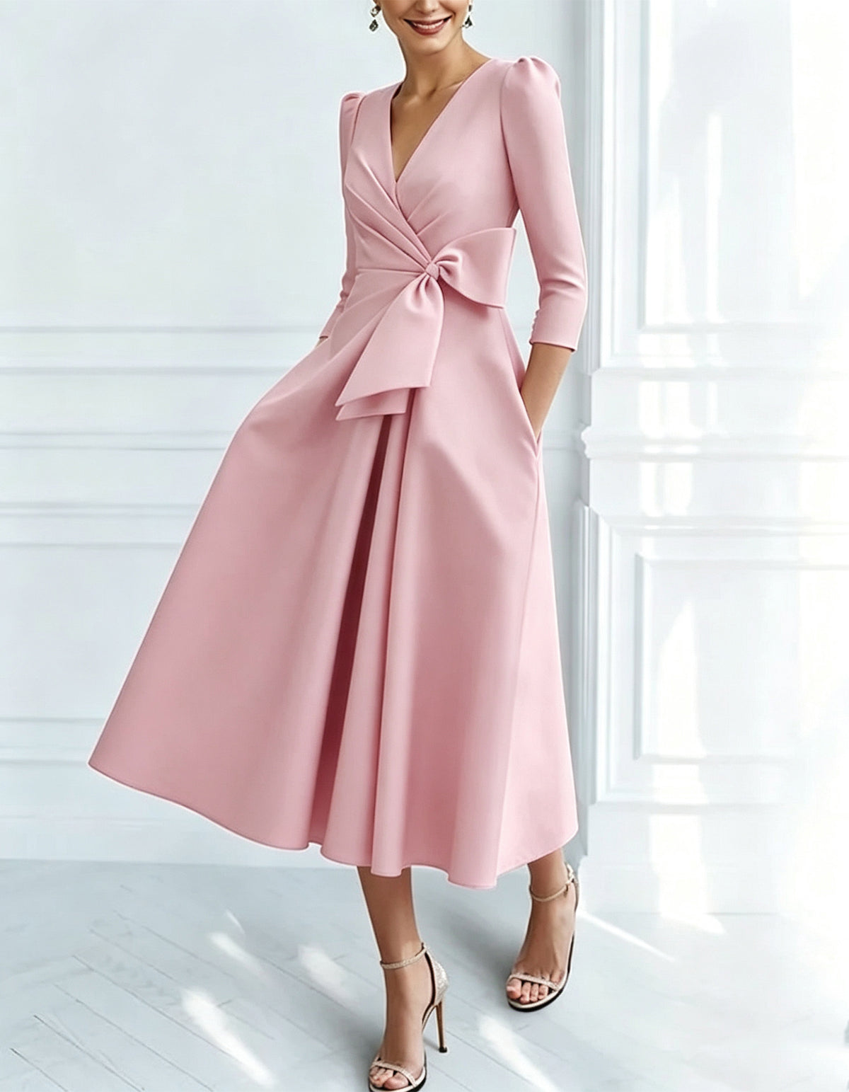 Solid Color V-Neck Bow Midi Dress