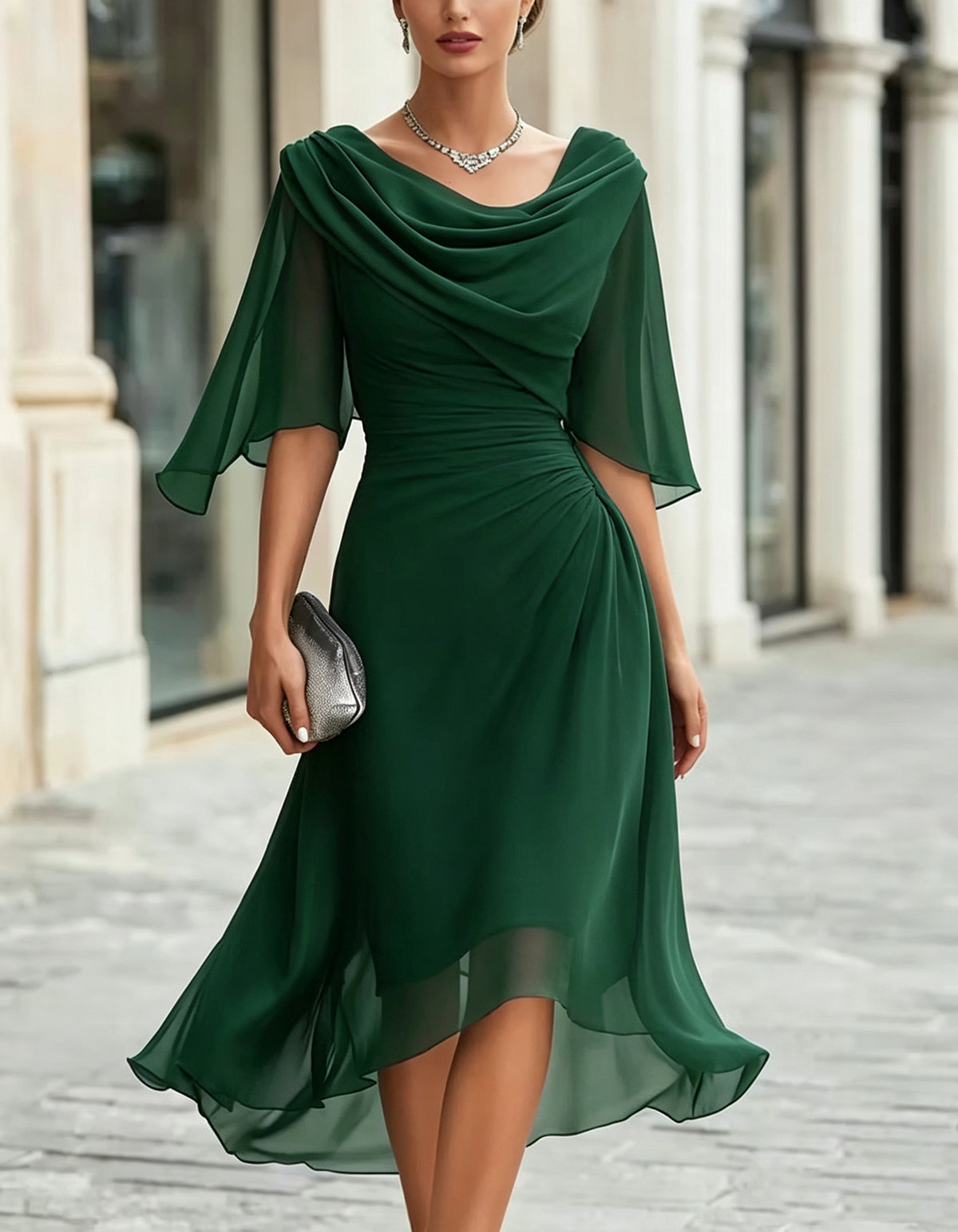 Navy Blue Chiffon Draped Ruffle Three Quarter Sleeves Maxi Dress