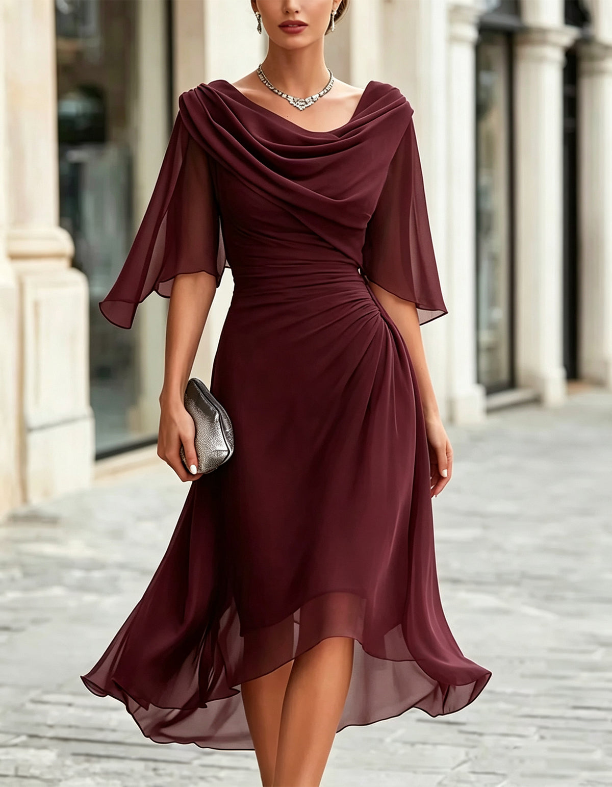 Navy Blue Chiffon Draped Ruffle Three Quarter Sleeves Maxi Dress