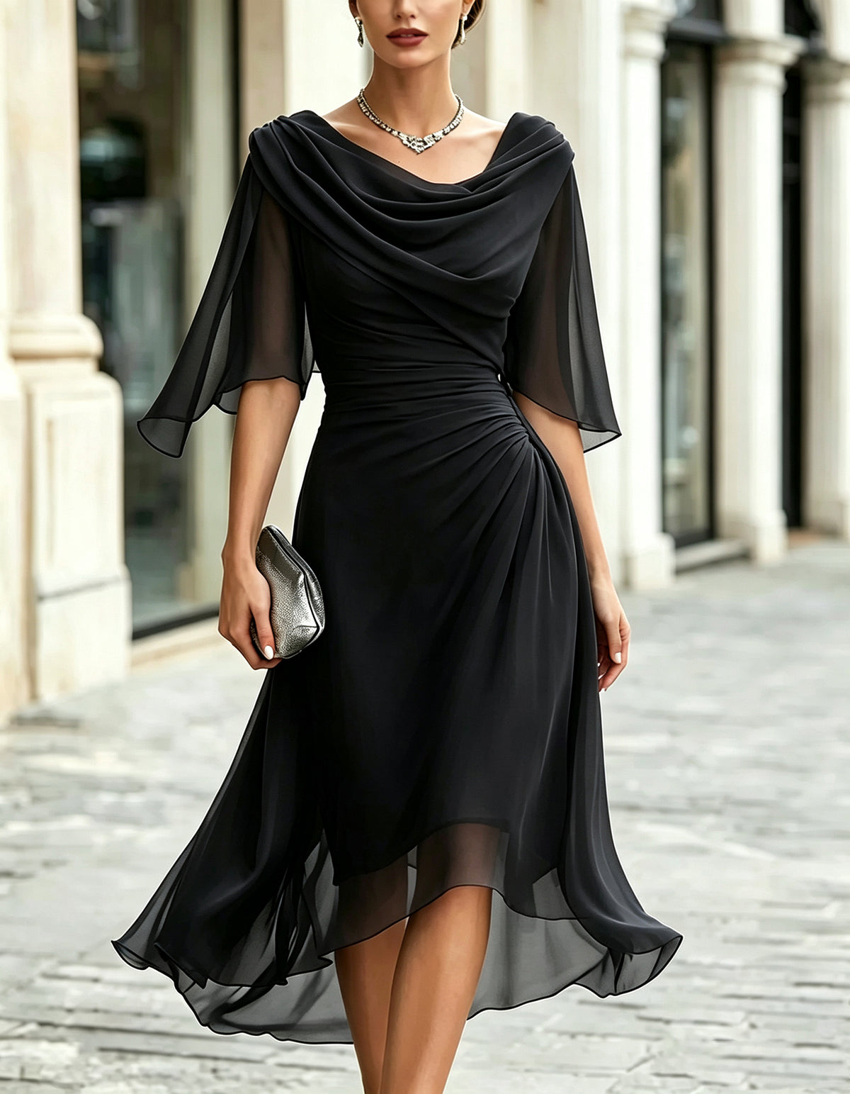 Navy Blue Chiffon Draped Ruffle Three Quarter Sleeves Maxi Dress