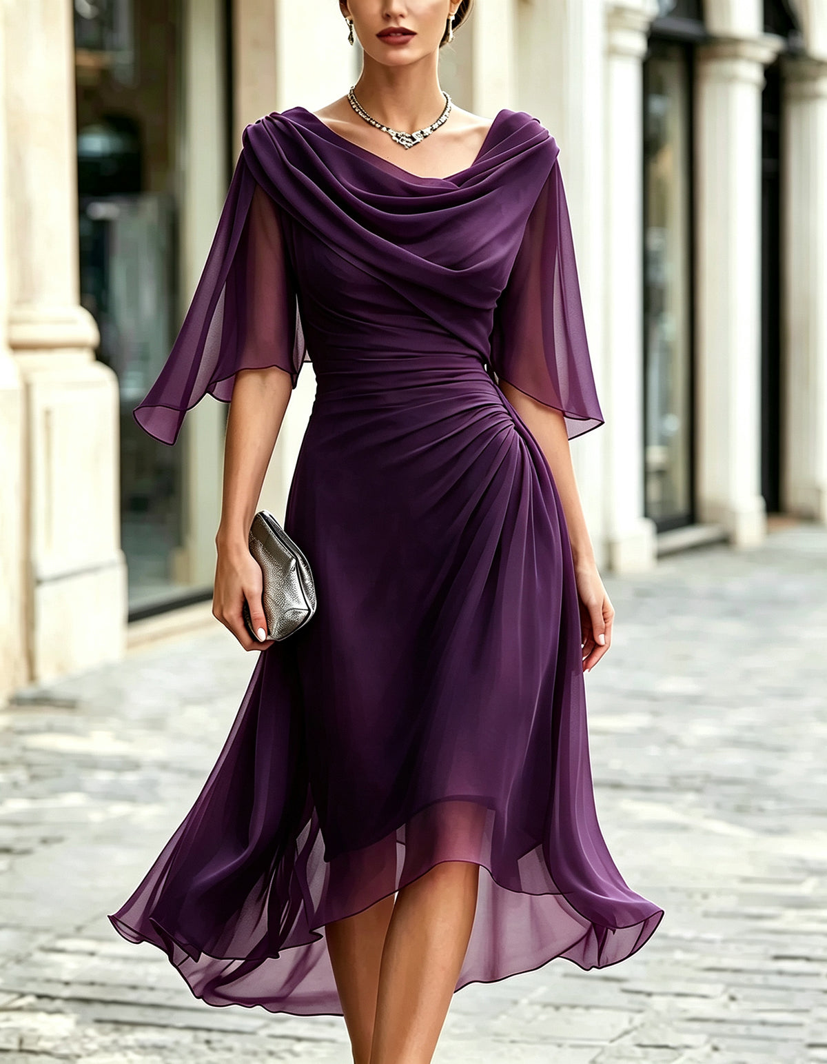 Navy Blue Chiffon Draped Ruffle Three Quarter Sleeves Maxi Dress