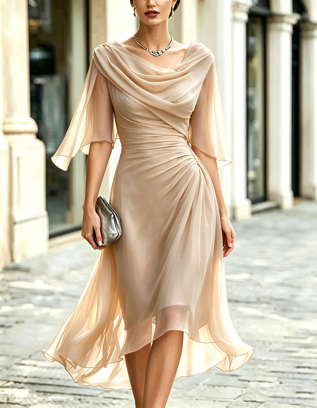 Navy Blue Chiffon Draped Ruffle Three Quarter Sleeves Maxi Dress
