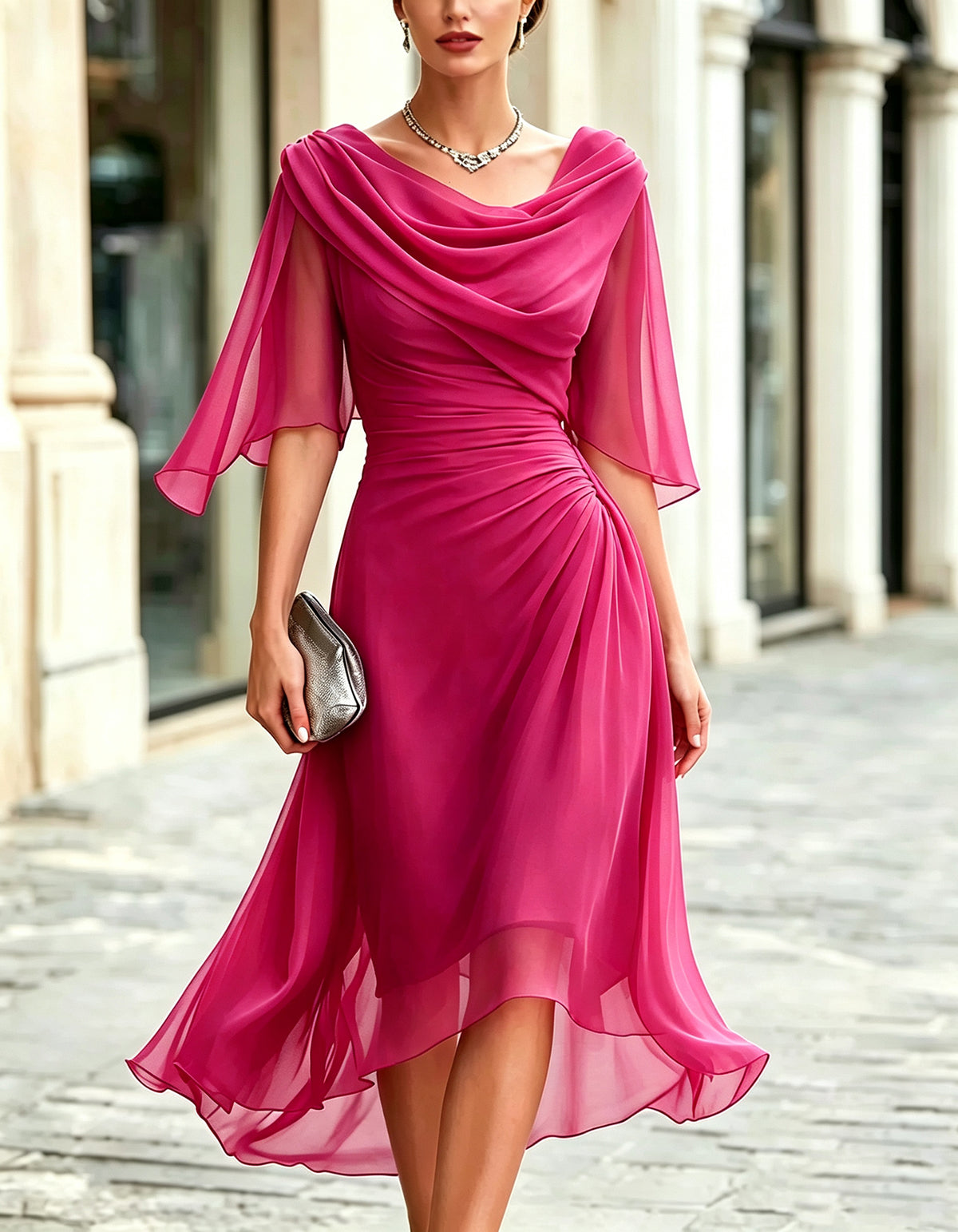Navy Blue Chiffon Draped Ruffle Three Quarter Sleeves Maxi Dress