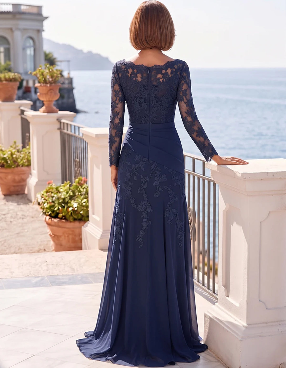 Lace Long Sleeve Draped Ruched Waist Chiffon Maxi Dress