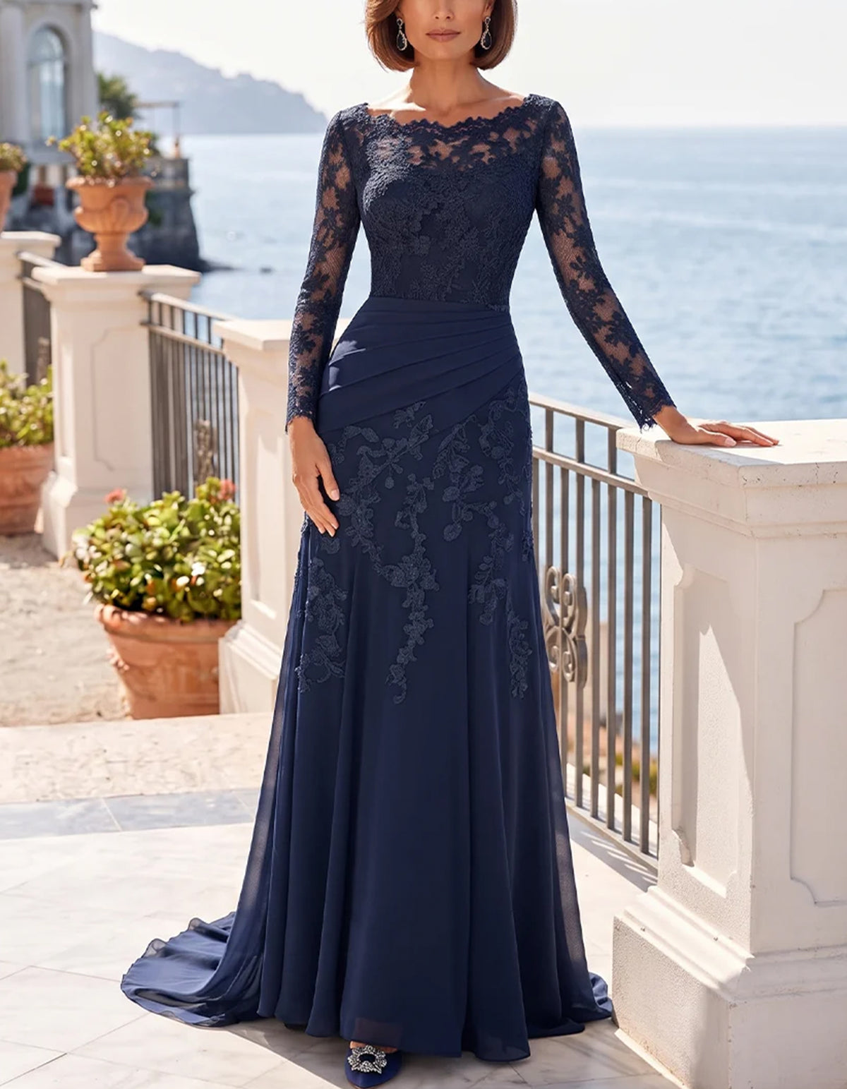 Lace Long Sleeve Draped Ruched Waist Chiffon Maxi Dress