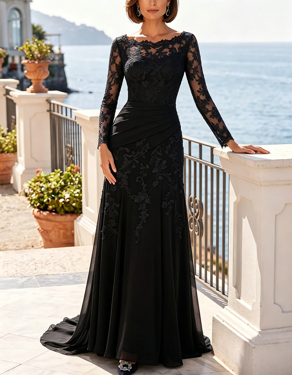 Lace Long Sleeve Draped Ruched Waist Chiffon Maxi Dress