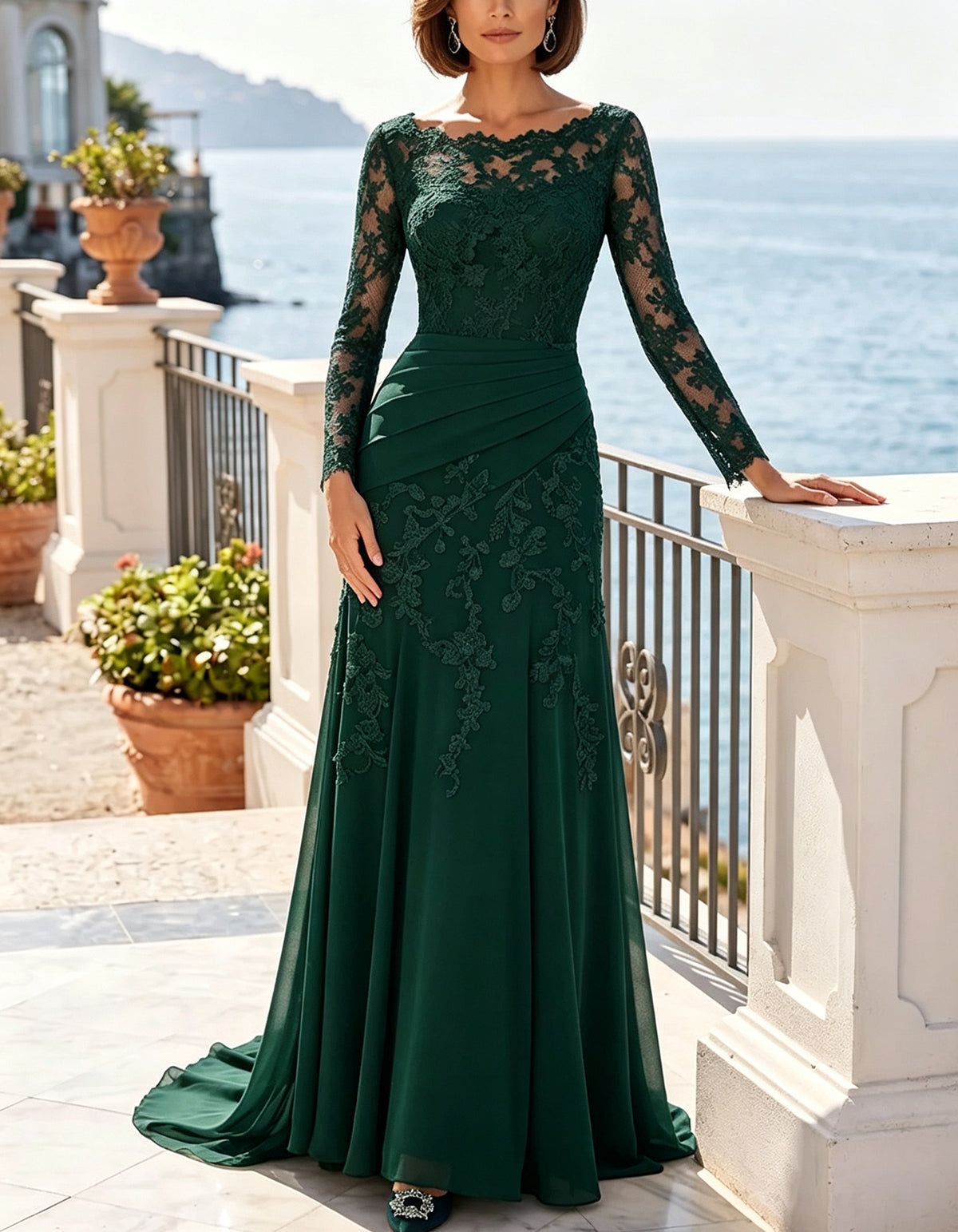 Lace Long Sleeve Draped Ruched Waist Chiffon Maxi Dress