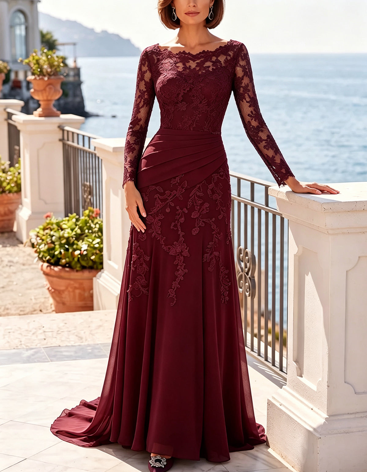 Lace Long Sleeve Draped Ruched Waist Chiffon Maxi Dress