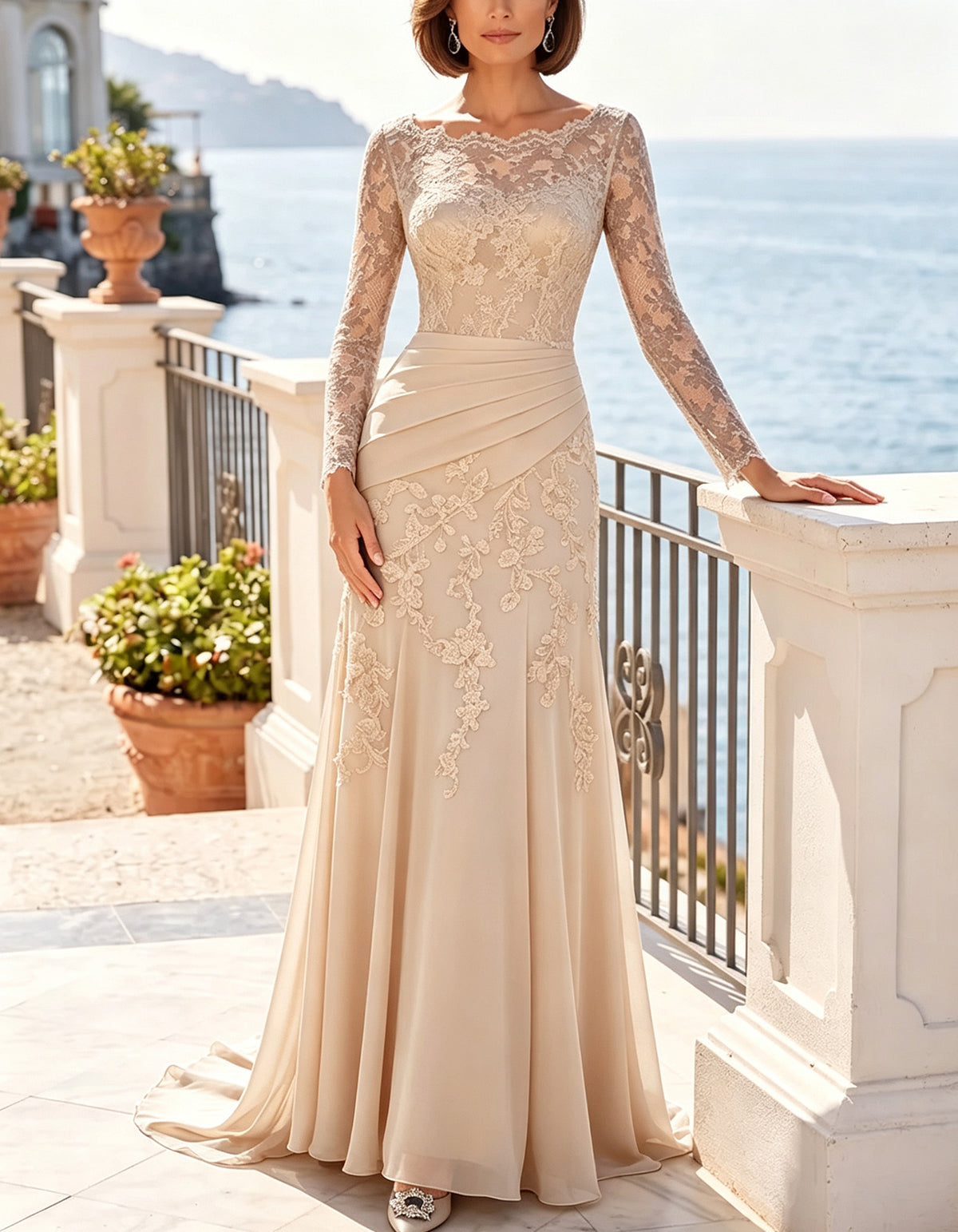 Lace Long Sleeve Draped Ruched Waist Chiffon Maxi Dress