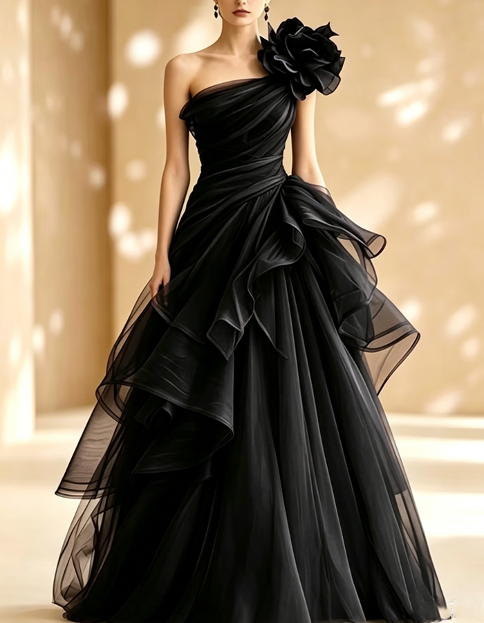 Burgundy One‑Shoulder 3D Flower Tulle Evening Gown Maxi Dress