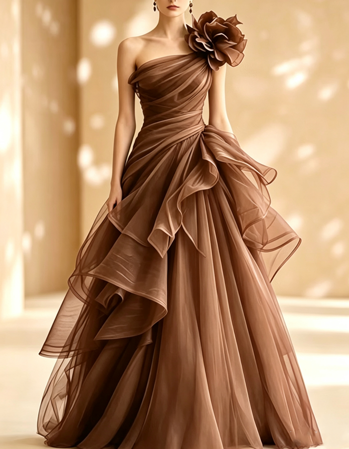 Burgundy One‑Shoulder 3D Flower Tulle Evening Gown Maxi Dress