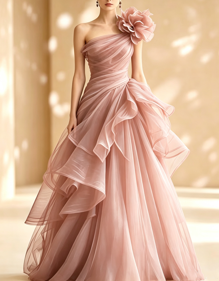 Burgundy One‑Shoulder 3D Flower Tulle Evening Gown Maxi Dress