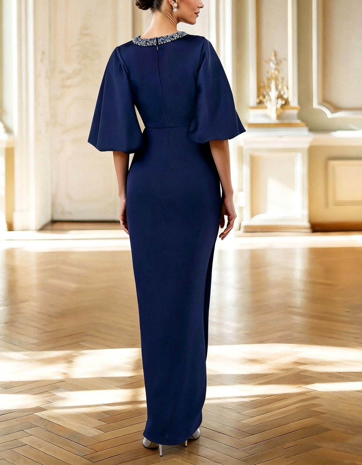 Deep Royal Blue Satin Sequined Crew Neck Midi Dress