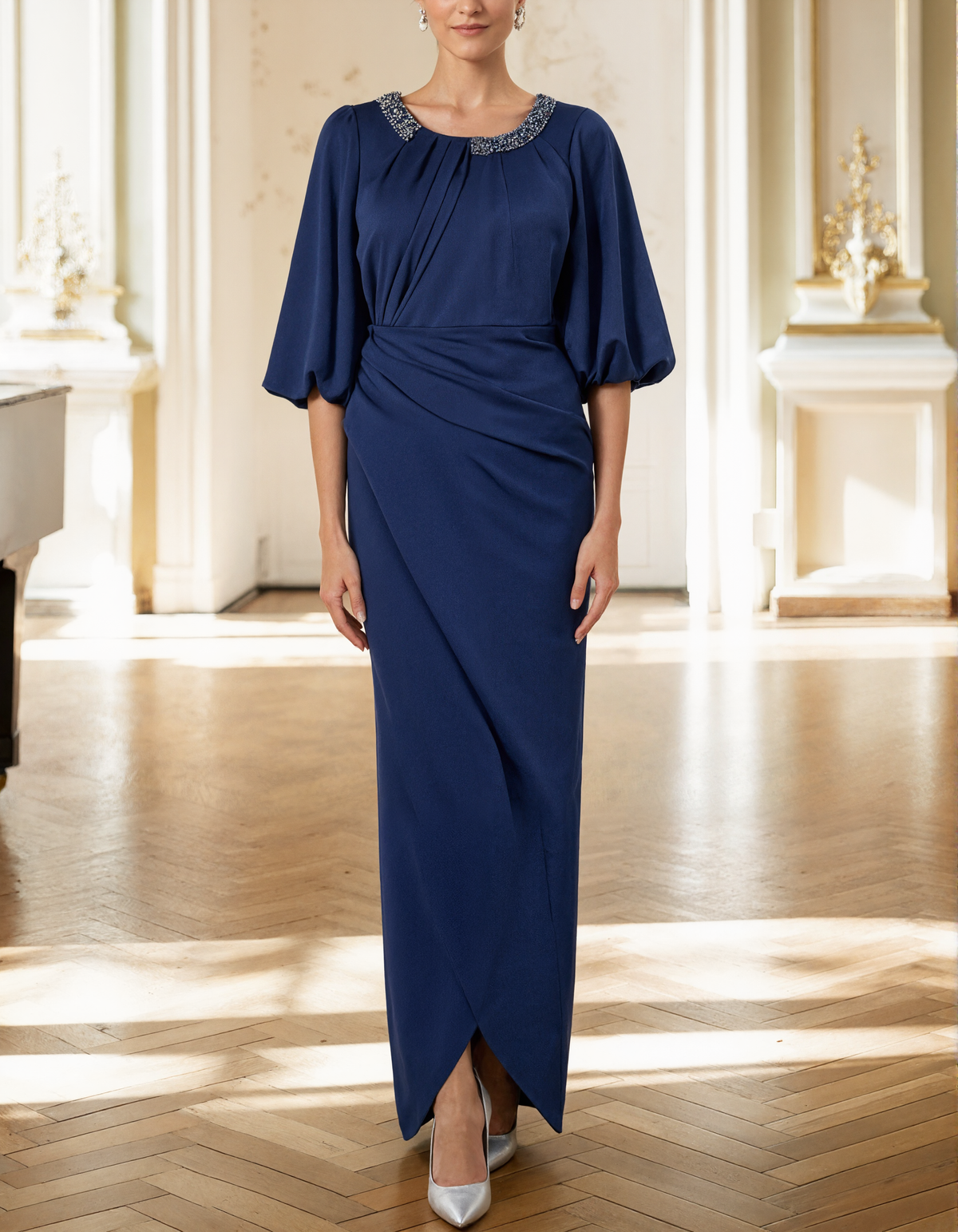 Deep Royal Blue Satin Sequined Crew Neck Midi Dress