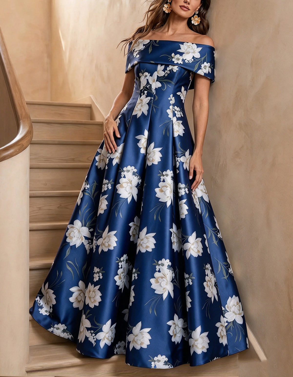 Blue Printed Off The Shoulder Maxi Dress